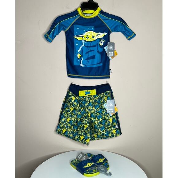 NWT DISNEY STAR WARS Grogu Swim Trunks Rashguard and Slides Set - Picture 1 of 8